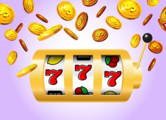 Lucky seven slot machine and golden coins on purple background. Casino business advertising design. For posters, banners, leaflets and brochures.