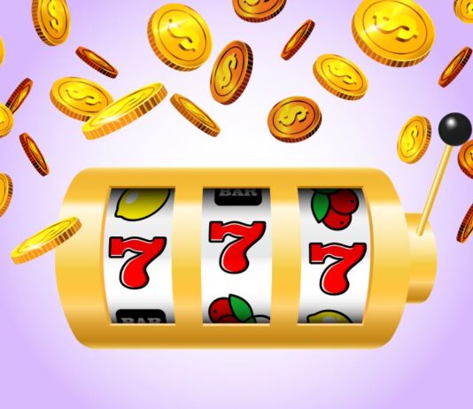 Lucky seven slot machine and golden coins on purple background. Casino business advertising design. For posters, banners, leaflets and brochures.